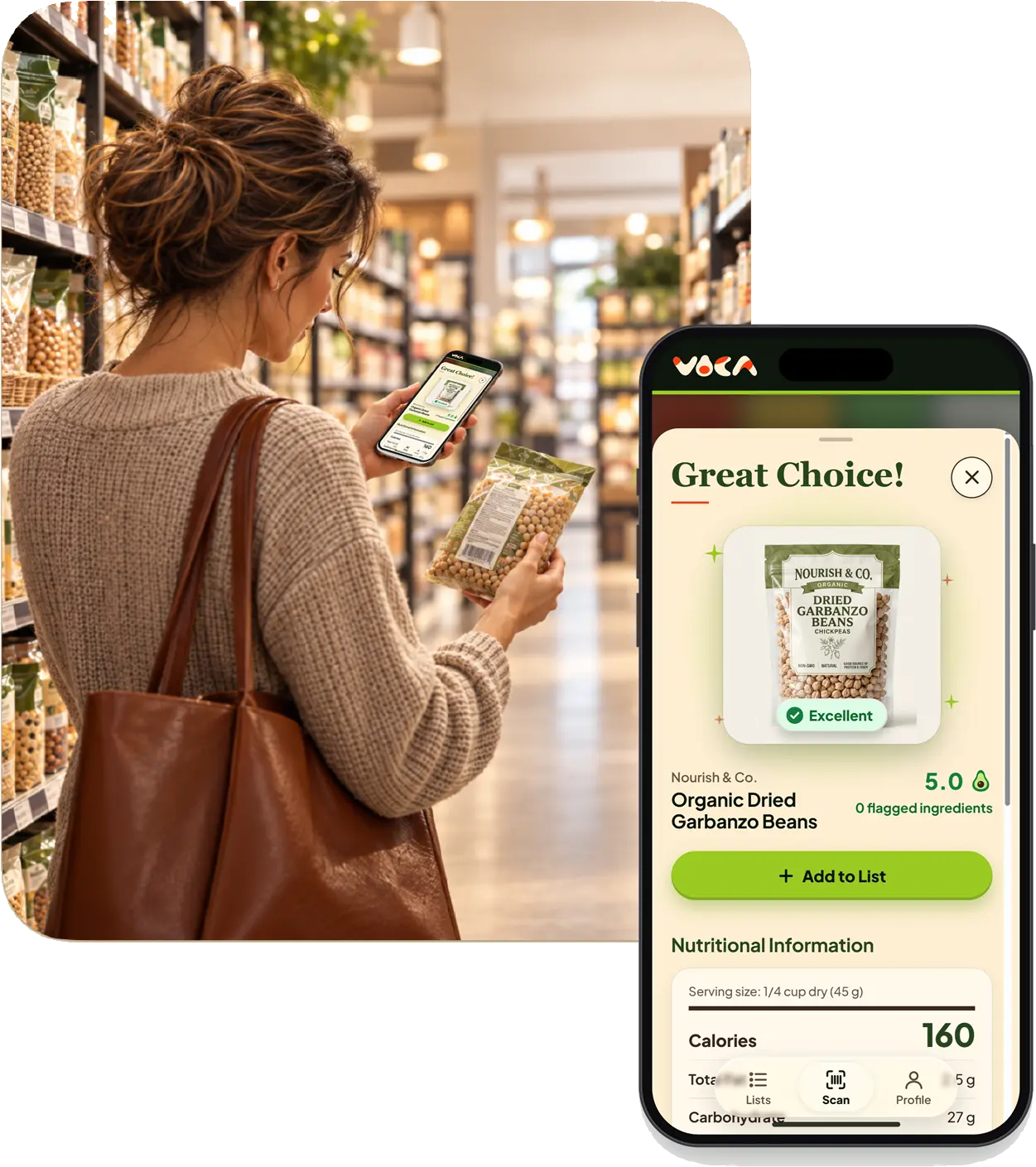 A shopper in a grocery aisle scans a bag of chickpeas with the VOCA app, which rates it a great choice